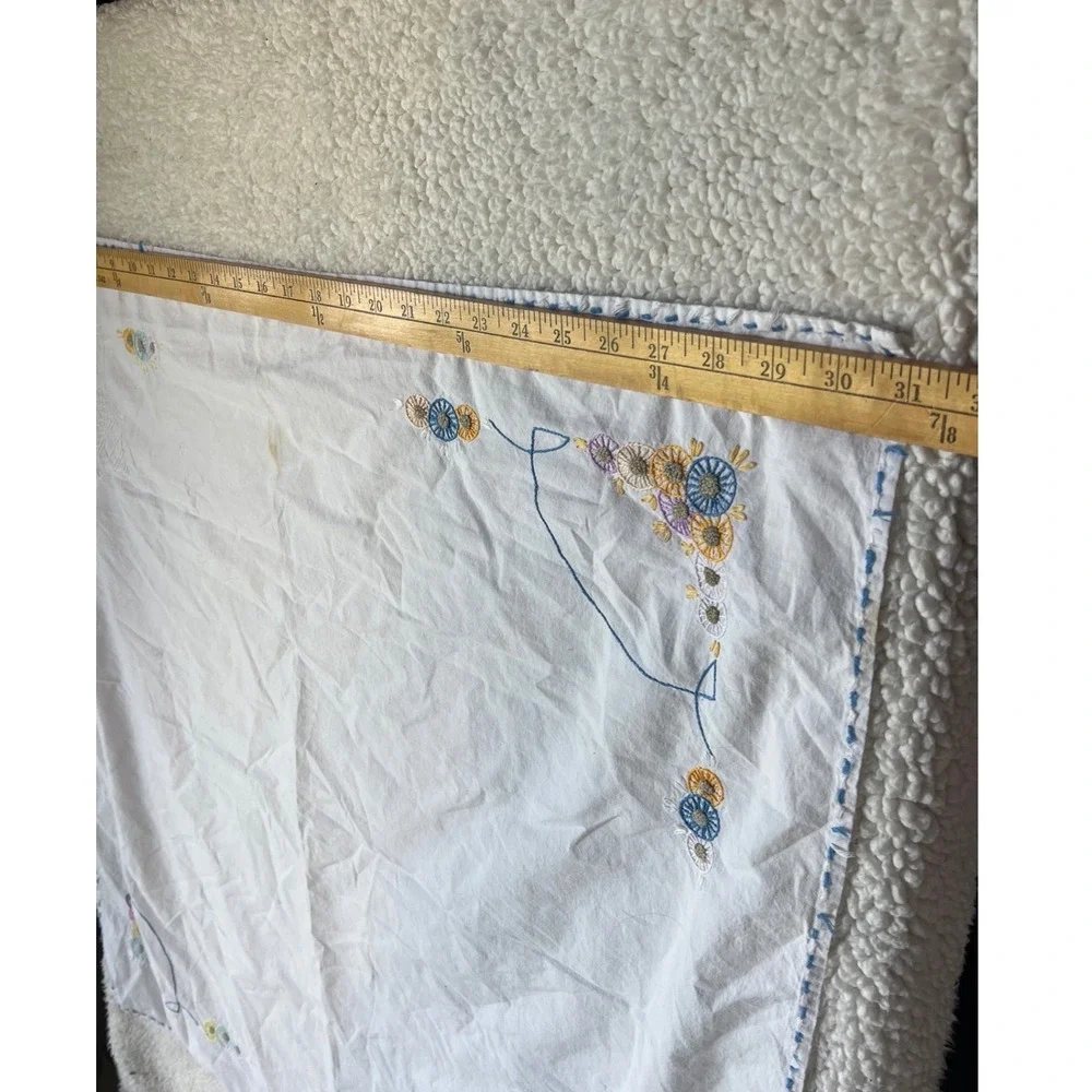 Vintage Hand Embroidered White Square Tea Tablecloth Floral Teapot 32x32